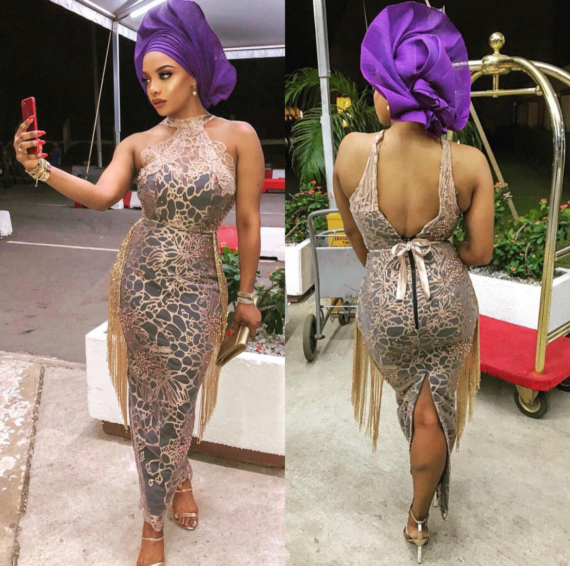 Brown & Grey Beaded Lace Dress