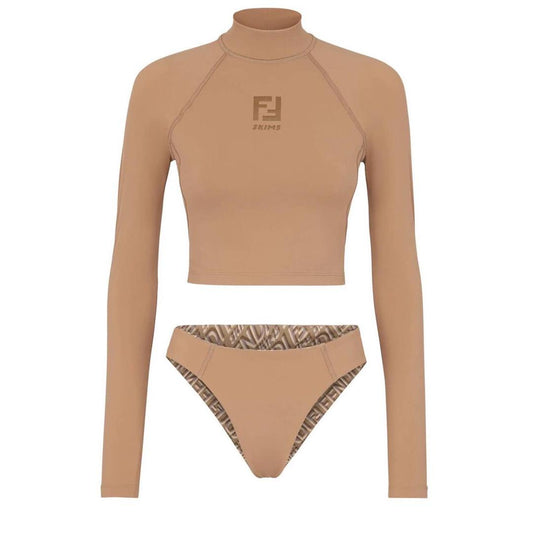 Fendi x Skims Tan Nude Brown Long Sleeve Two-Piece Swimsuit Bikini Set
