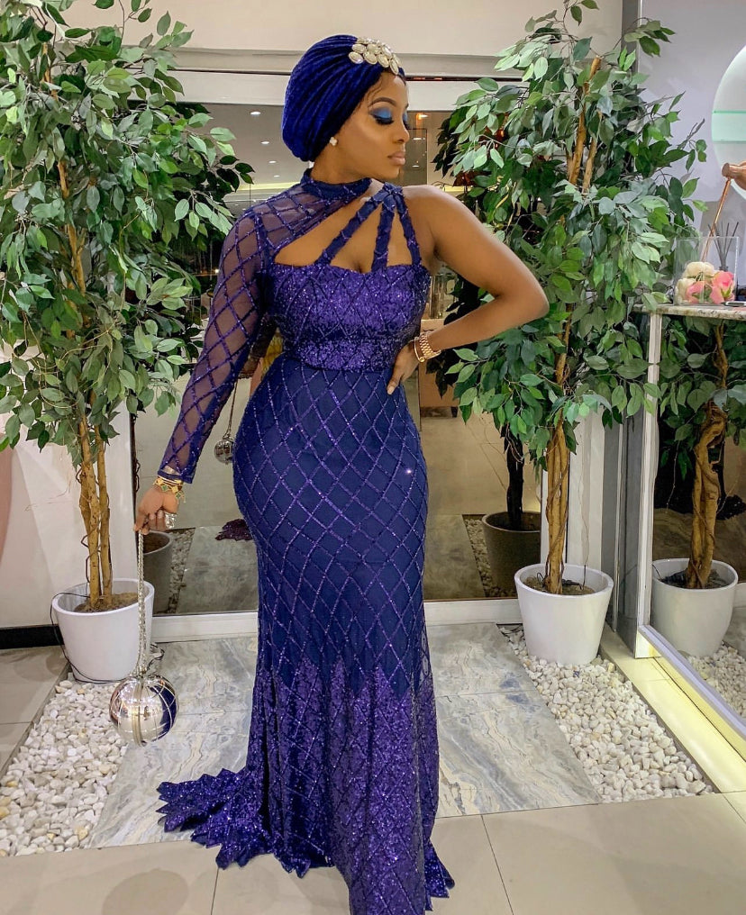 Single sleeve beaded blue lace dress