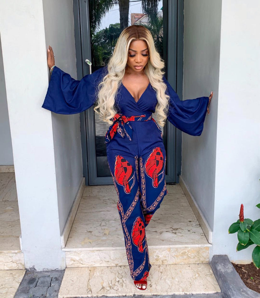 Navy blue and red Ankara jumpsuit
