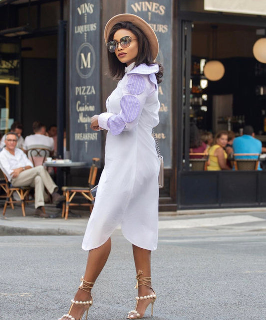 Style temple white and purple shirt dress