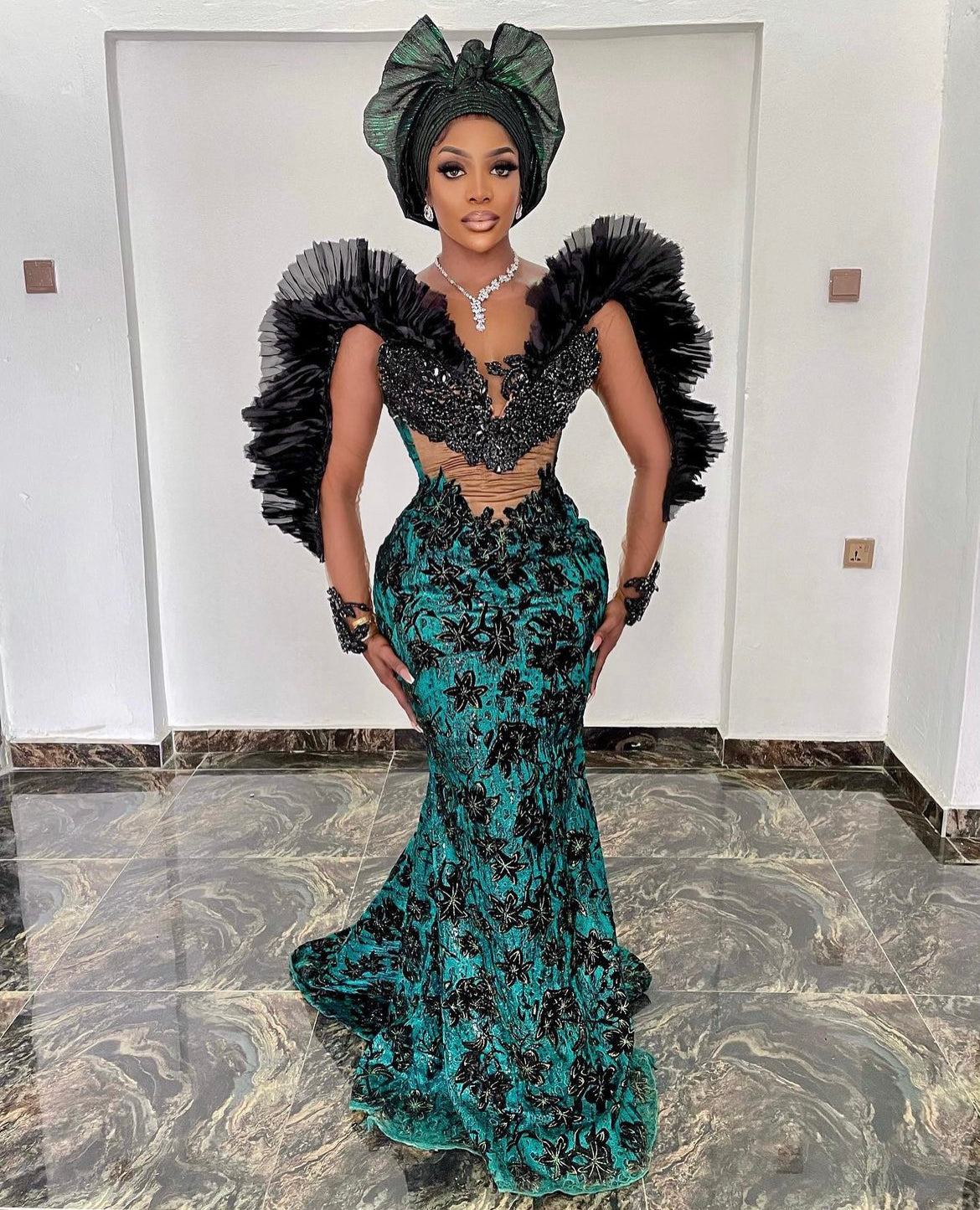 Green & Black Embellished Dress