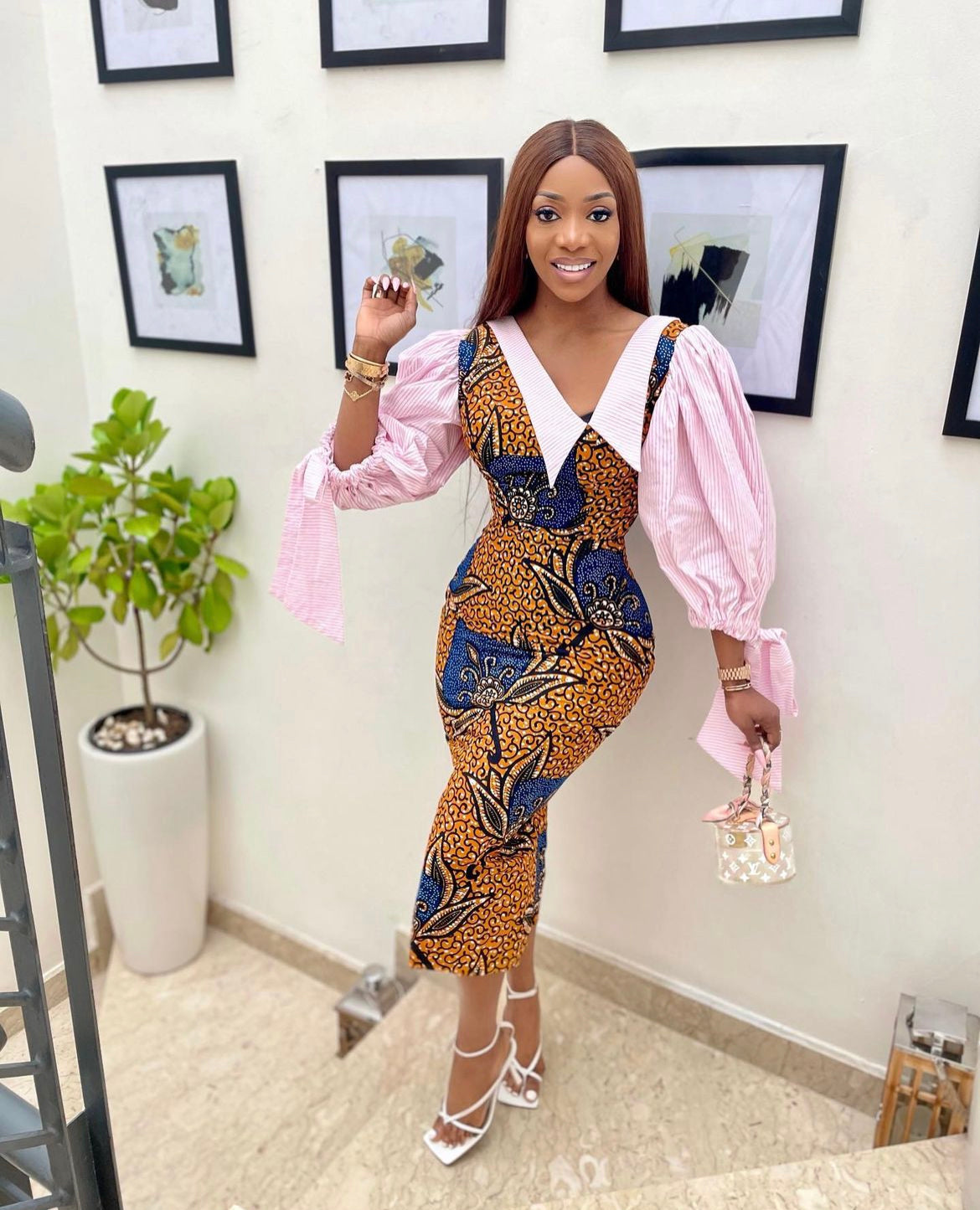 Pink stripe collared Ankara dress