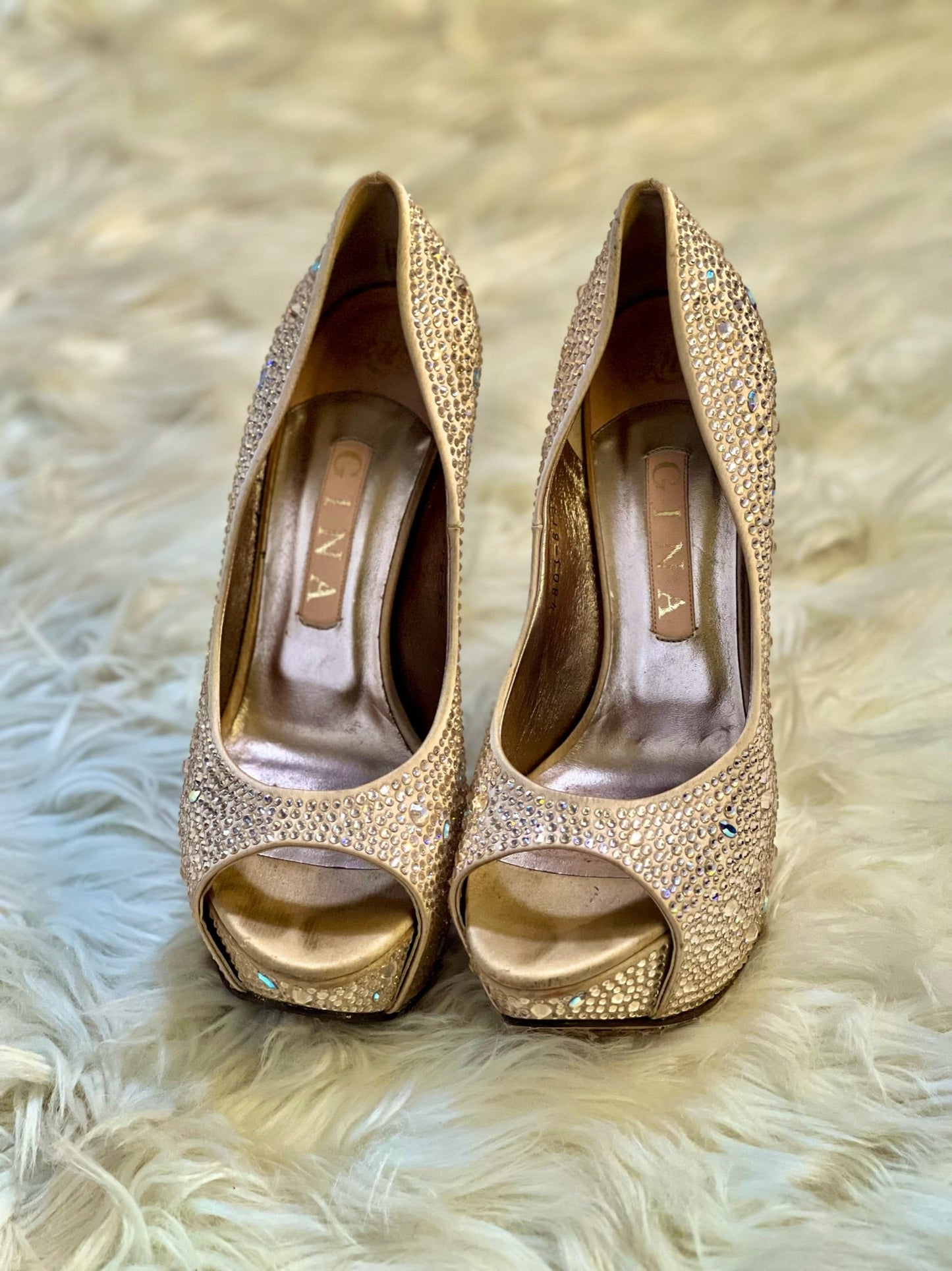 Gina Beige Satin Crystal Embellished Peep Toe Platform Pumps