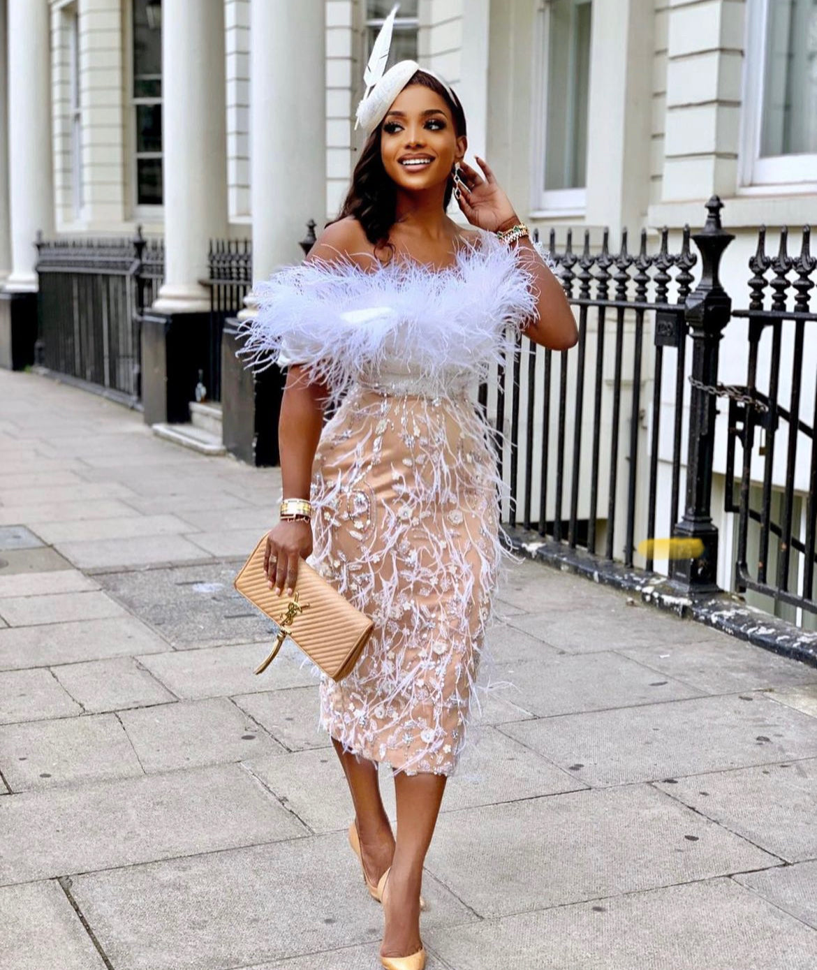 White And Nude Feather Dress