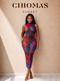 Abstract Print Mesh Midi Dress