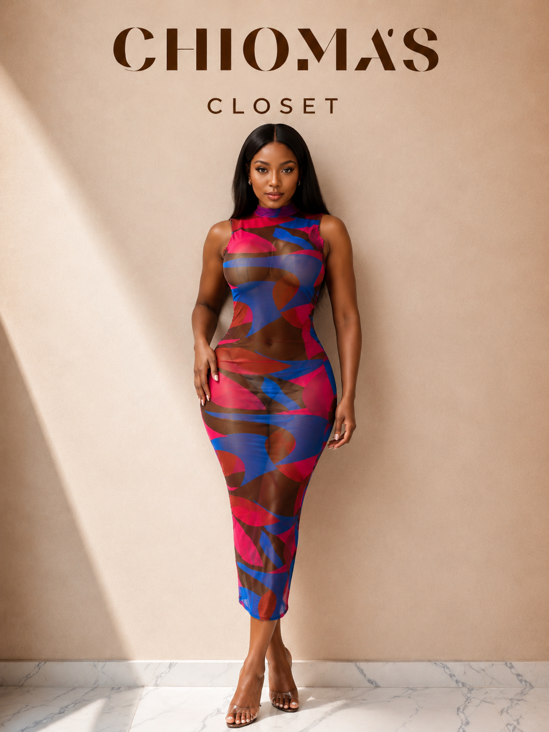 Abstract Print Mesh Midi Dress