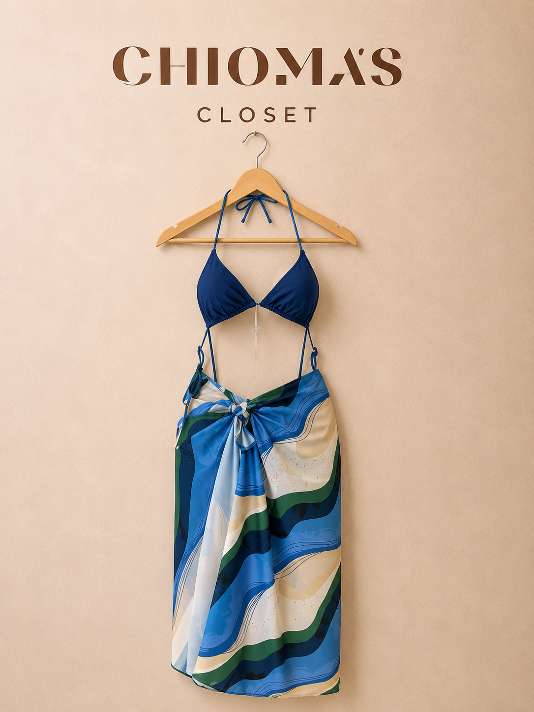 Abstract Wave Print Bikini & Sarong Set