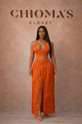 Jeans and Cargo Orange Skirt withHalter Neck Crop Top