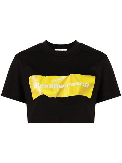 Alexander Wang Black Crumpled Logo Crop T-Shirt