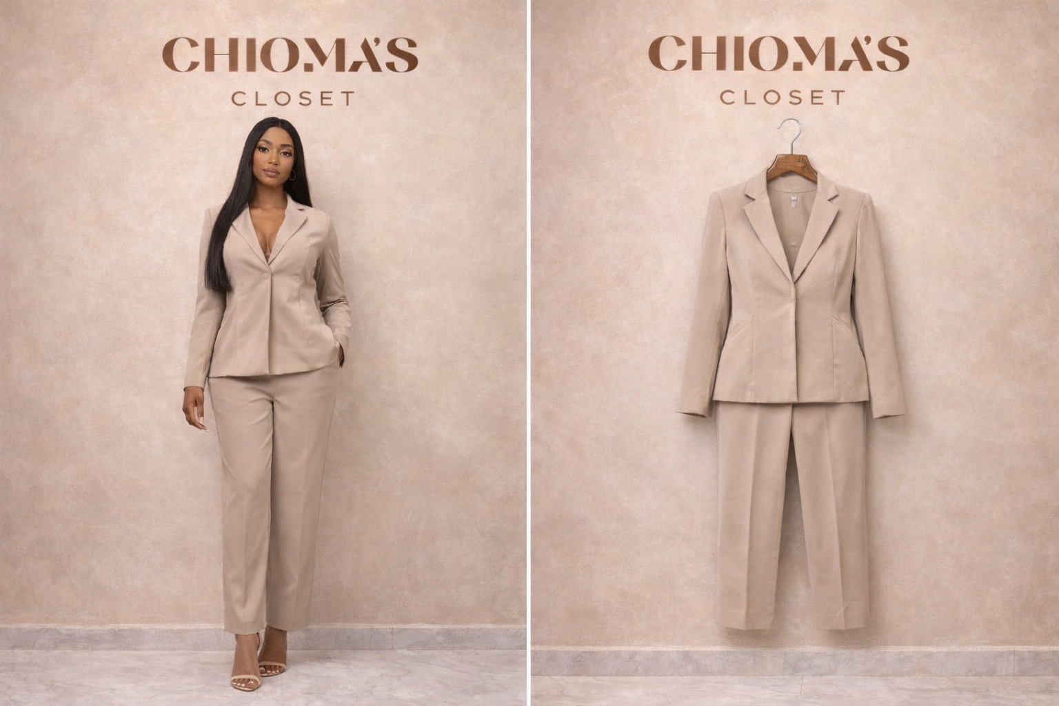 Beige Blazer and Pant Trouser Two Piece