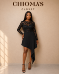 Black Floral Lace Draped Dress
