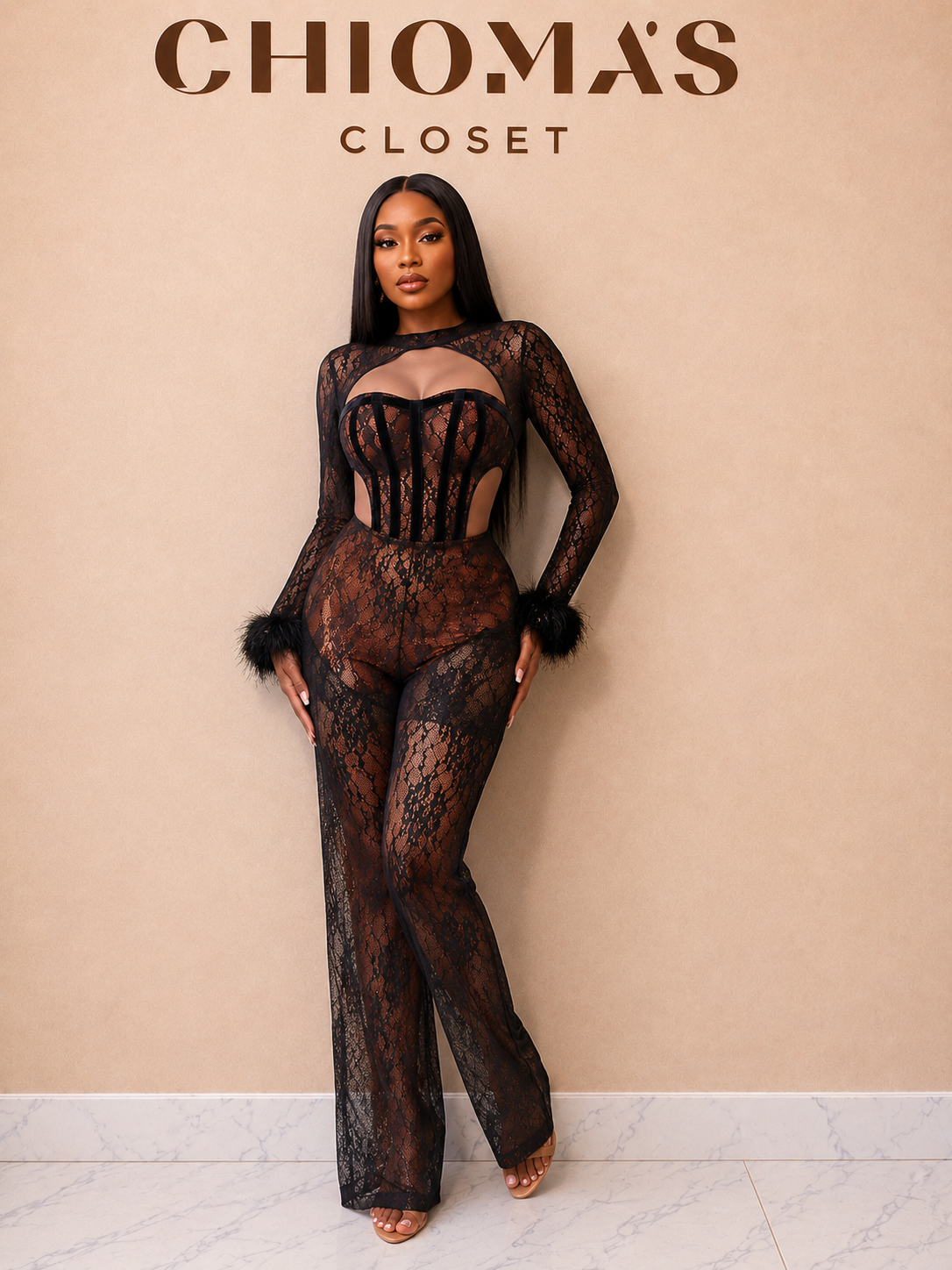 Black Lace Corset Jumpsuit with Feather Cuff Details