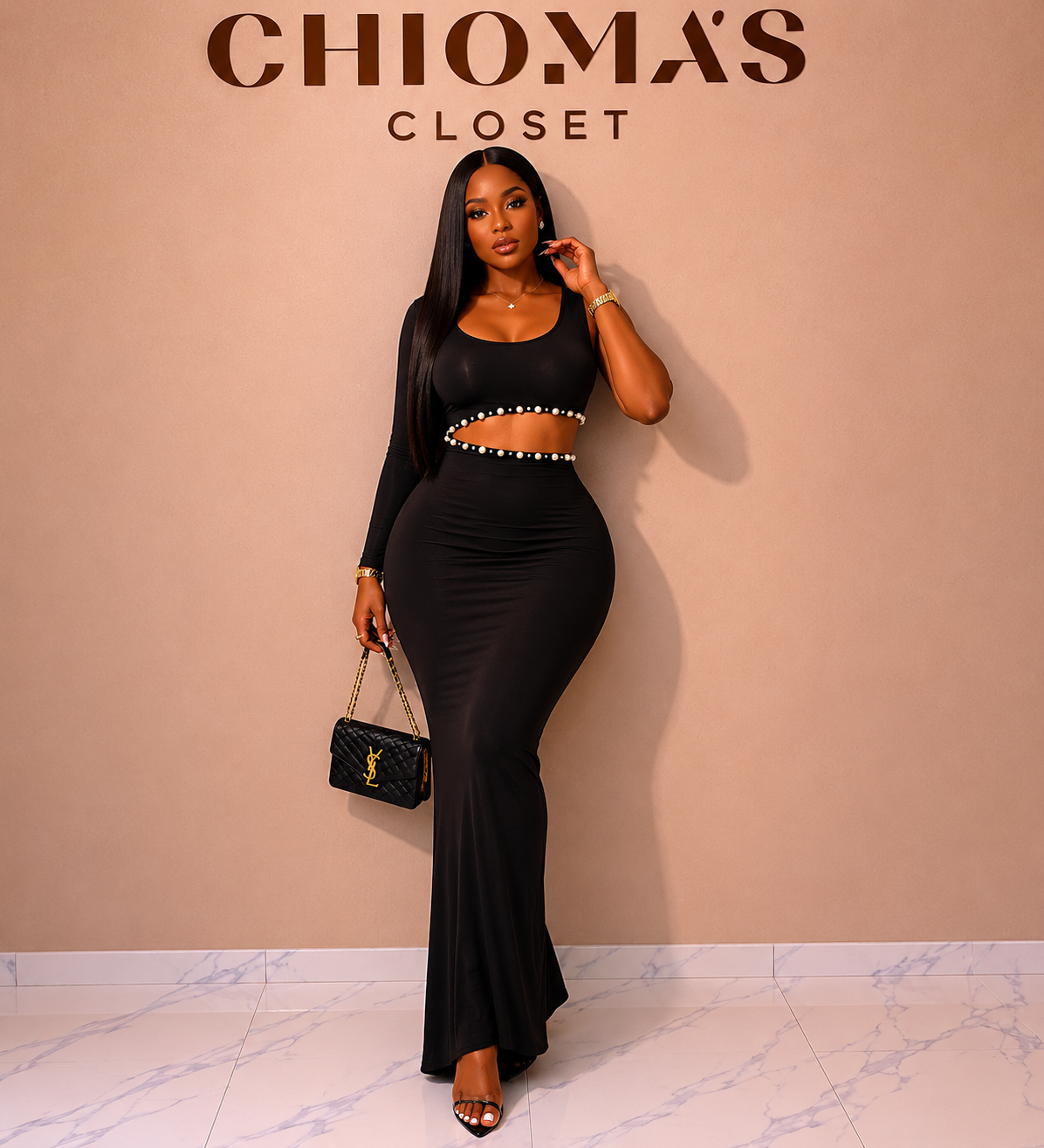 Black Pearl Embellished Cutout Maxi Dress