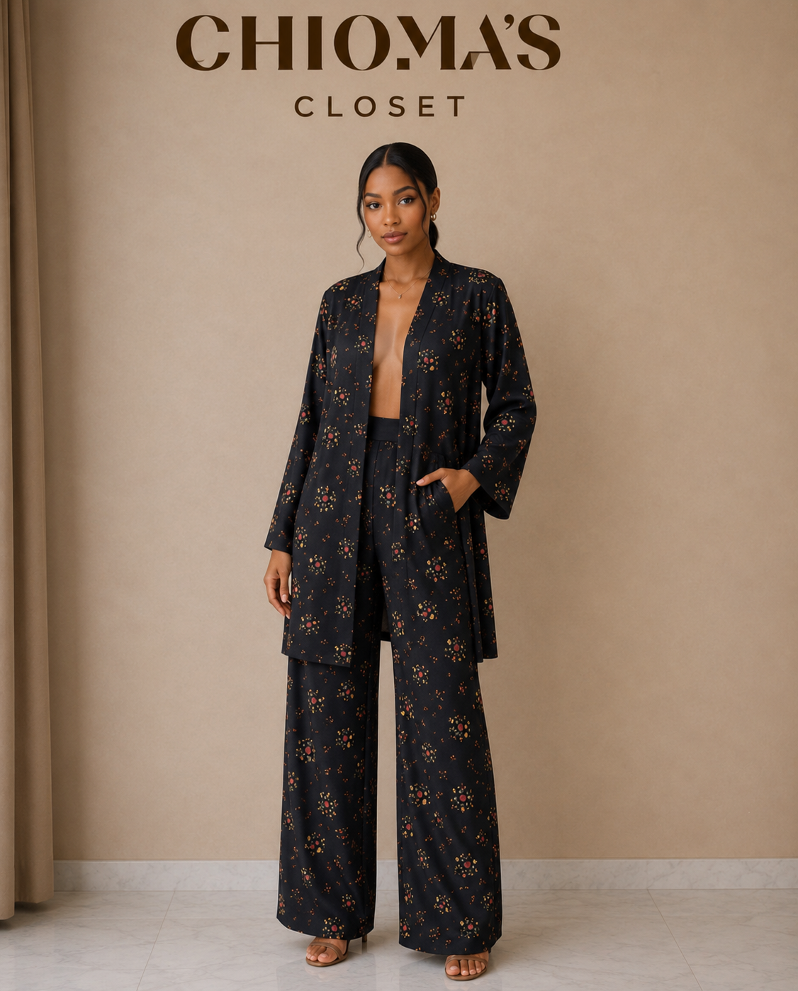 Black Floral Kimono and Pant Set