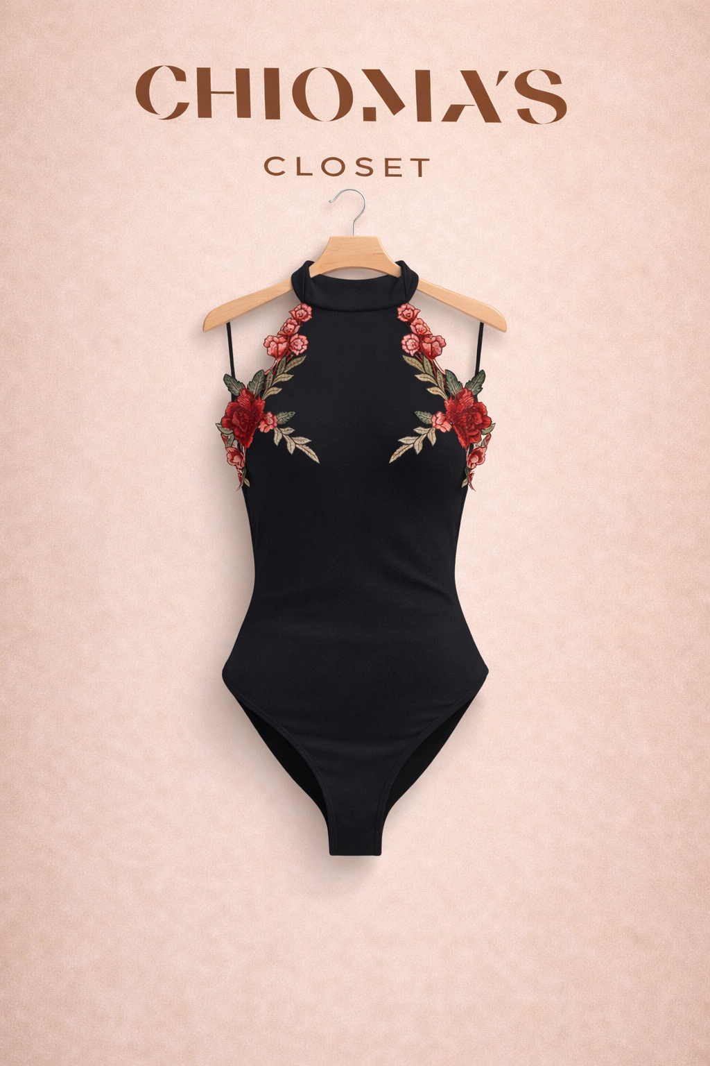 Black and Roses Embroidery Halter Neck Bodysuit