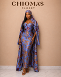 Blue Floral Print Midi Dress with Cape
