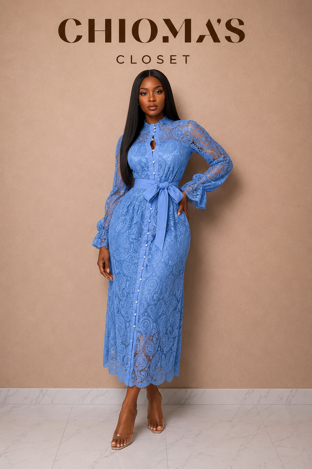 Blue Lace Midi Dress with Waist Belt