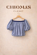 Blue Checkered Balloon Sleeve Crop Blouse