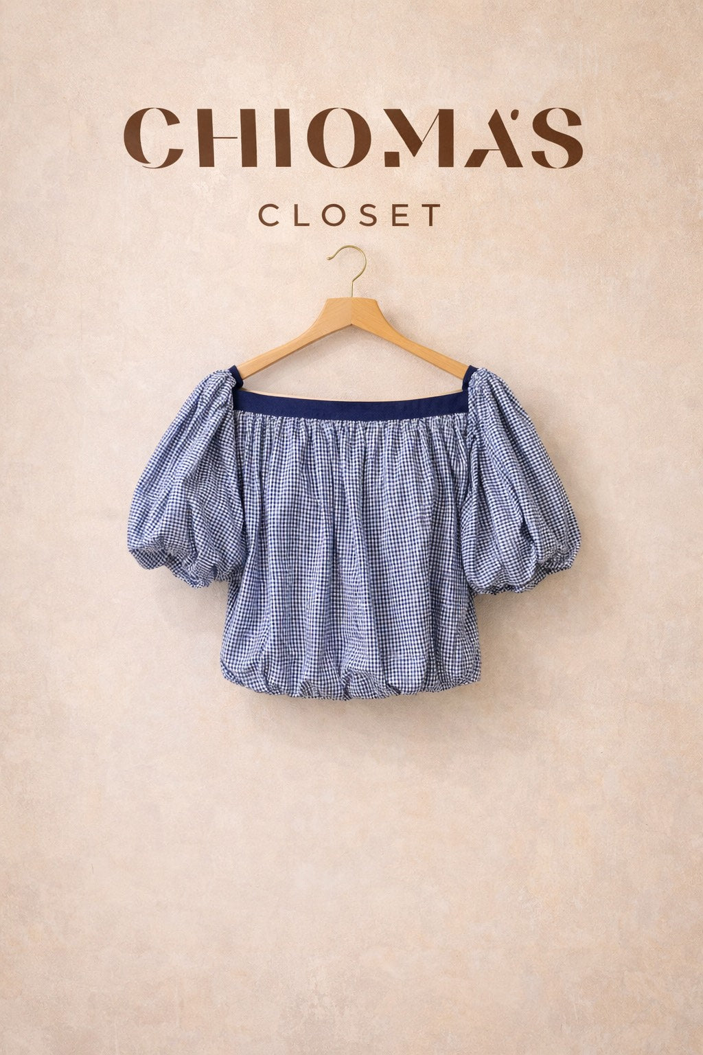 Blue Checkered Balloon Sleeve Crop Blouse