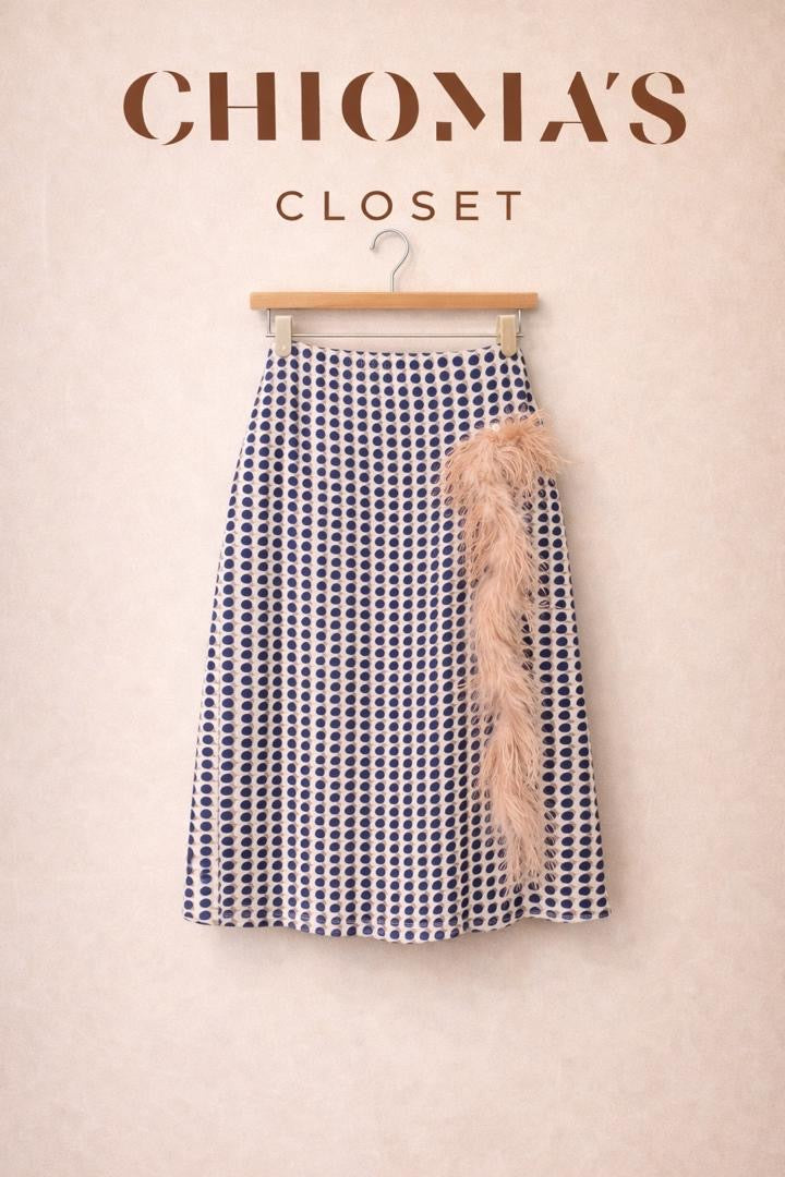 Blue Dotted Skirt with Fur