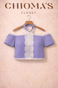 Blue and White Striped Halter-neck Top with Lace Detailing