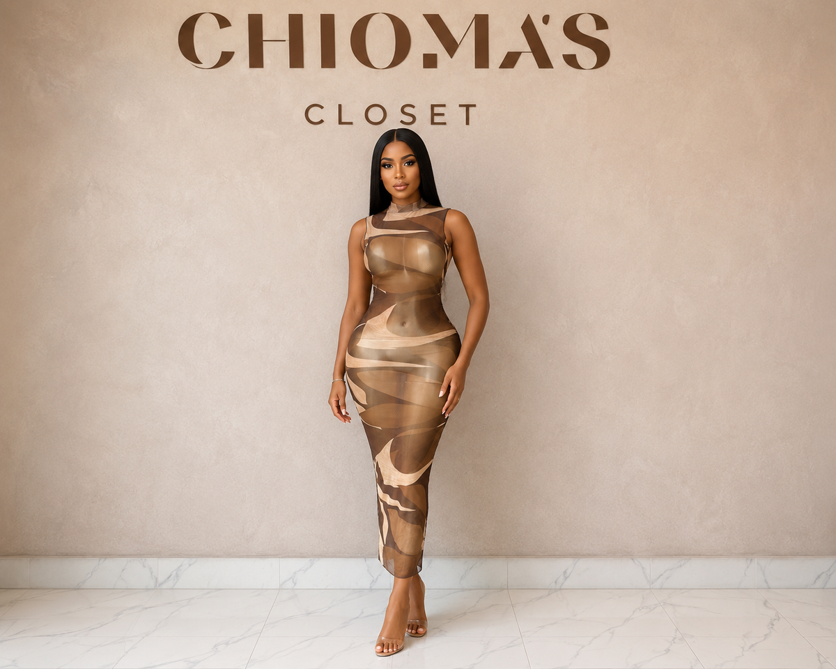 Brown Sheer Mesh Midi Dress