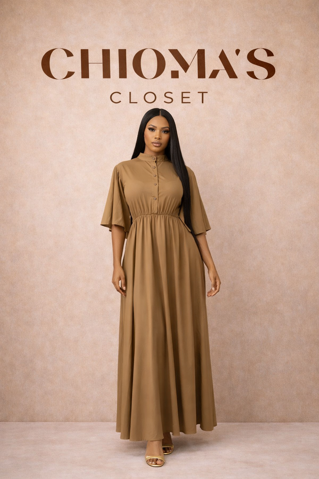 Brown Maxi Dress with Flared Sleeves and Button Detail