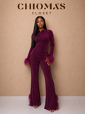 Burgundy Shimmer Pant Set with Feather Trim Detail