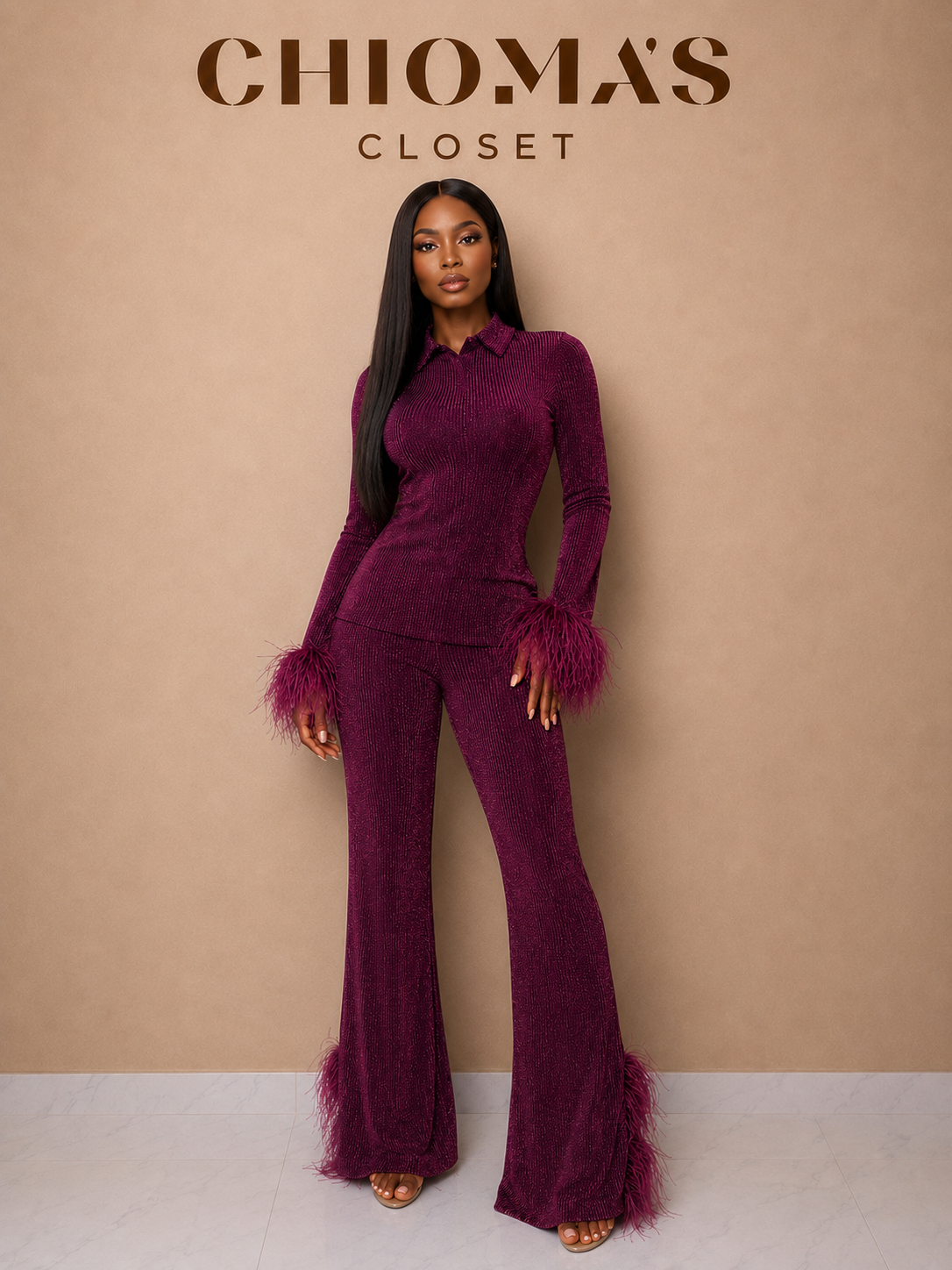 Burgundy Shimmer Pant Set with Feather Trim Detail