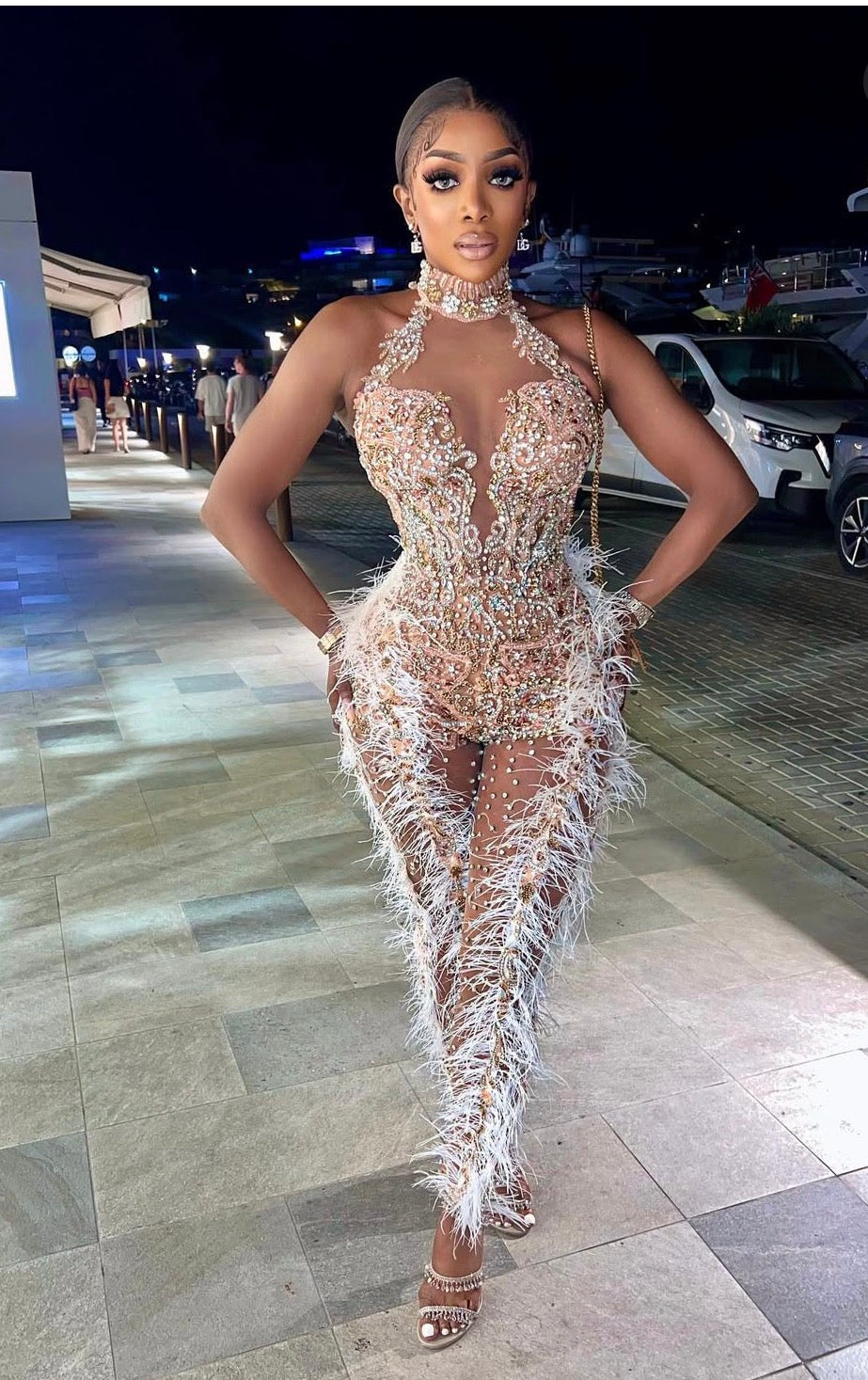 Champagne Gold Halterneck Embellished Jumpsuit