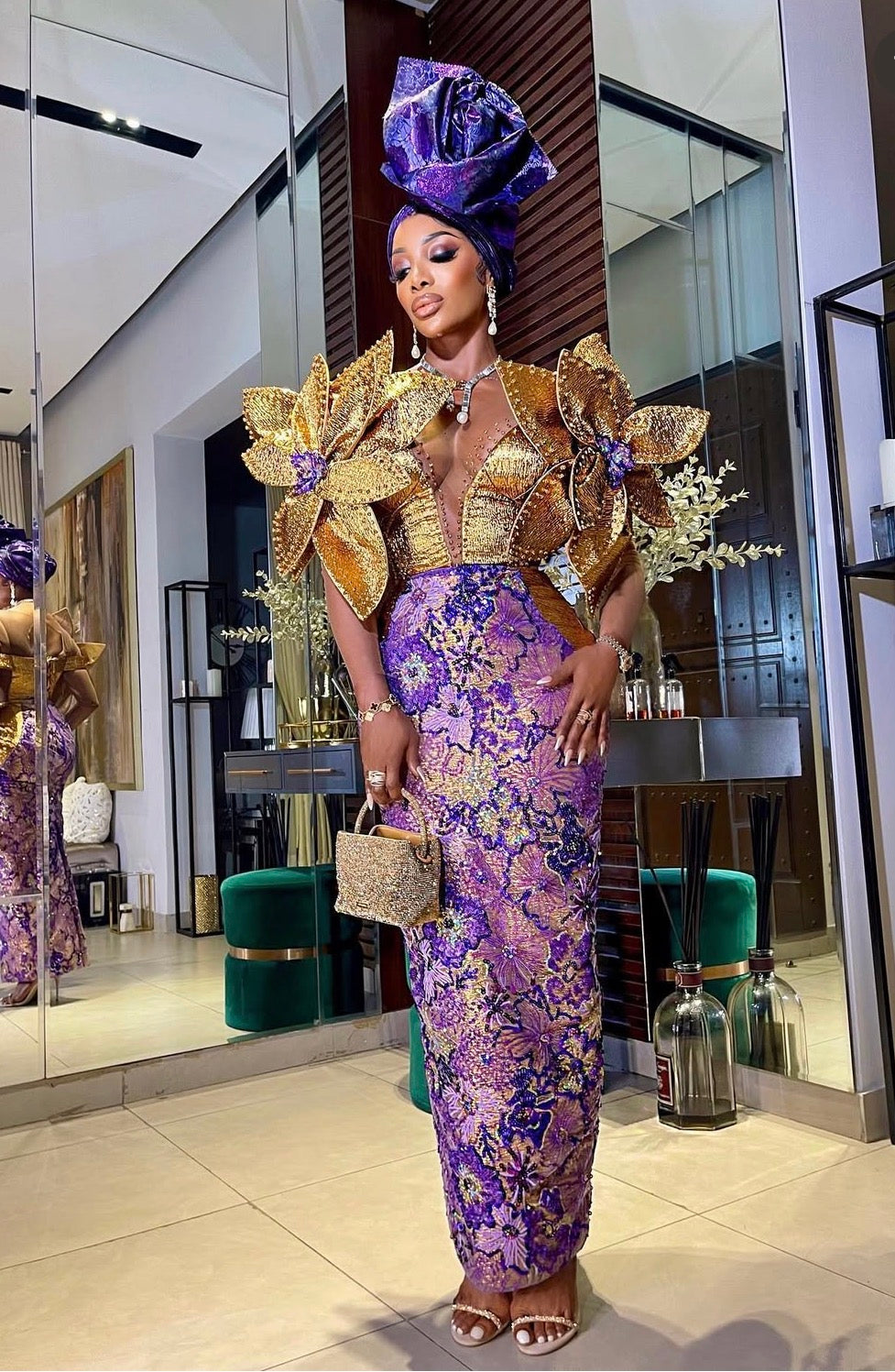 Champagne Gold and Purple Asoebi with Gold Appliqués