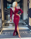Chioma's Closet Red Velvet Embellished Maxi Dress with Front Slit