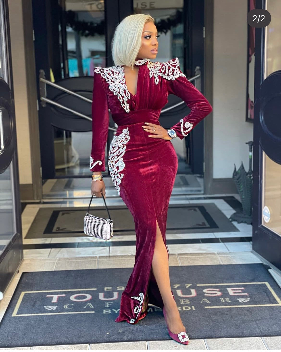 Chioma's Closet Red Velvet Embellished Maxi Dress with Front Slit