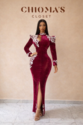 Chioma's Closet Red Velvet Embellished Maxi Dress with Front Slit