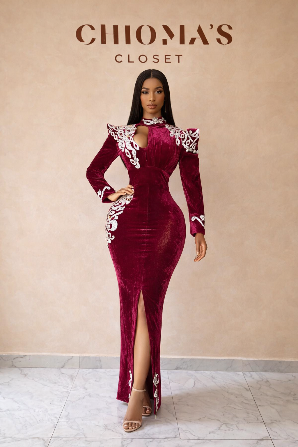 Chioma's Closet Red Velvet Embellished Maxi Dress with Front Slit