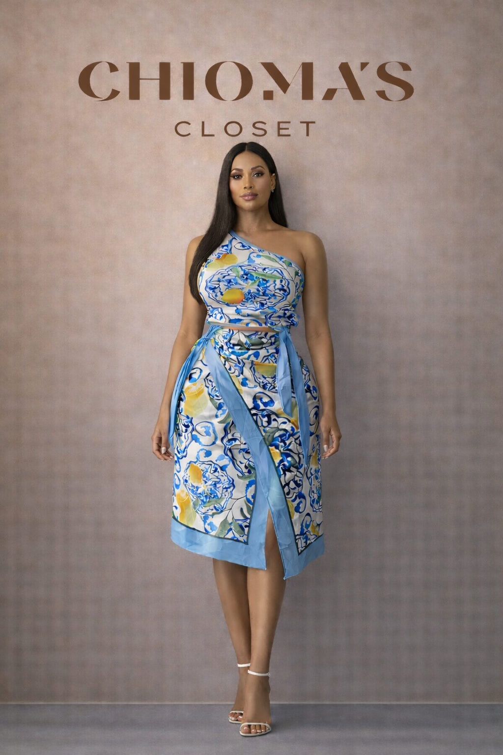 Lemon Print with Wrap Skirt and Tie-shoulder Top
