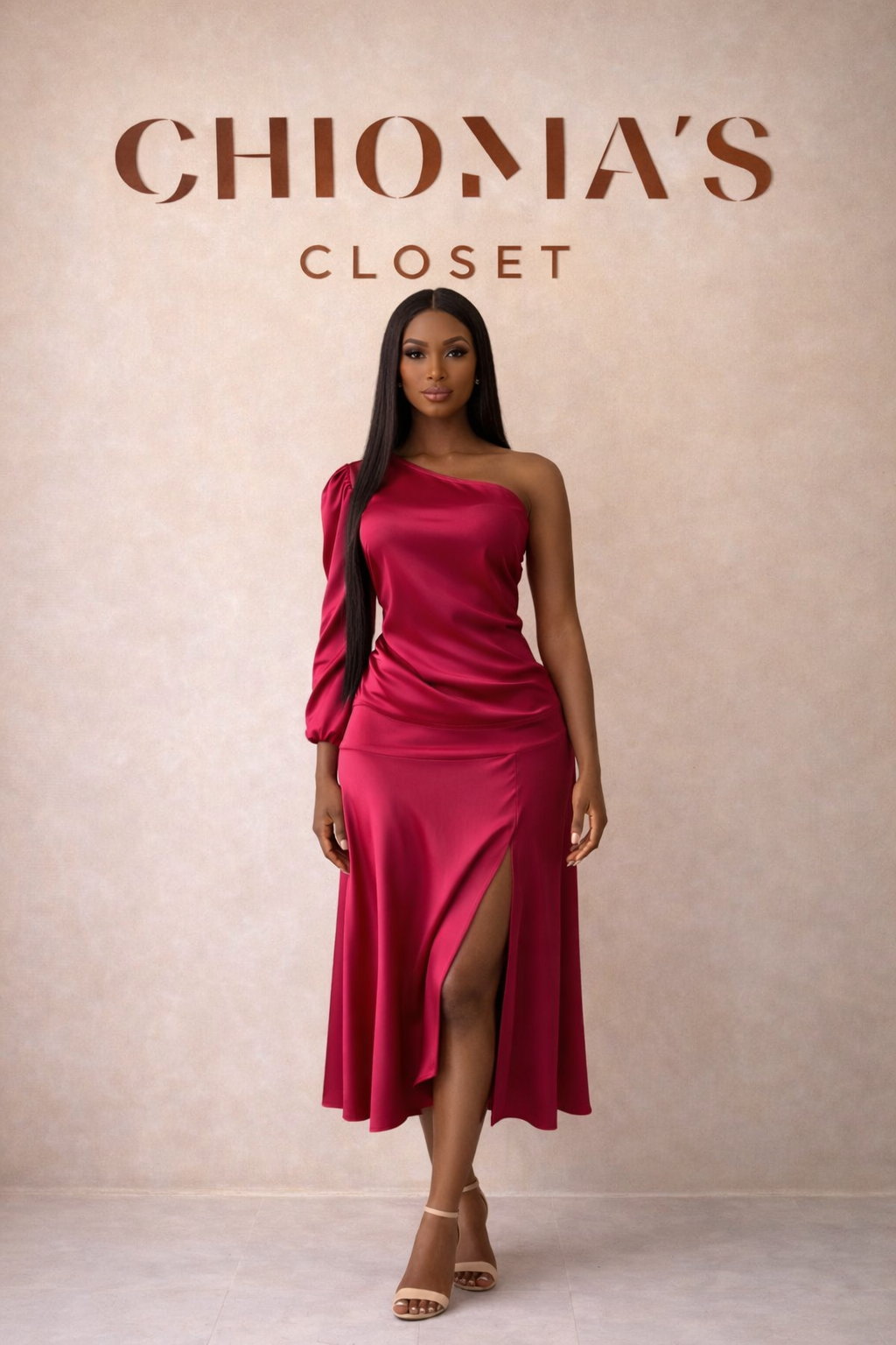 Pink Satin Front Slit Skirt and One Long Sleeve Arm Top