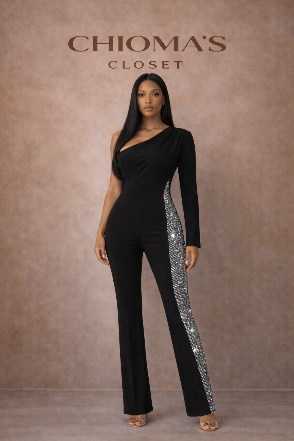 Black Stoned Jumpsuit With One Long Sleeve