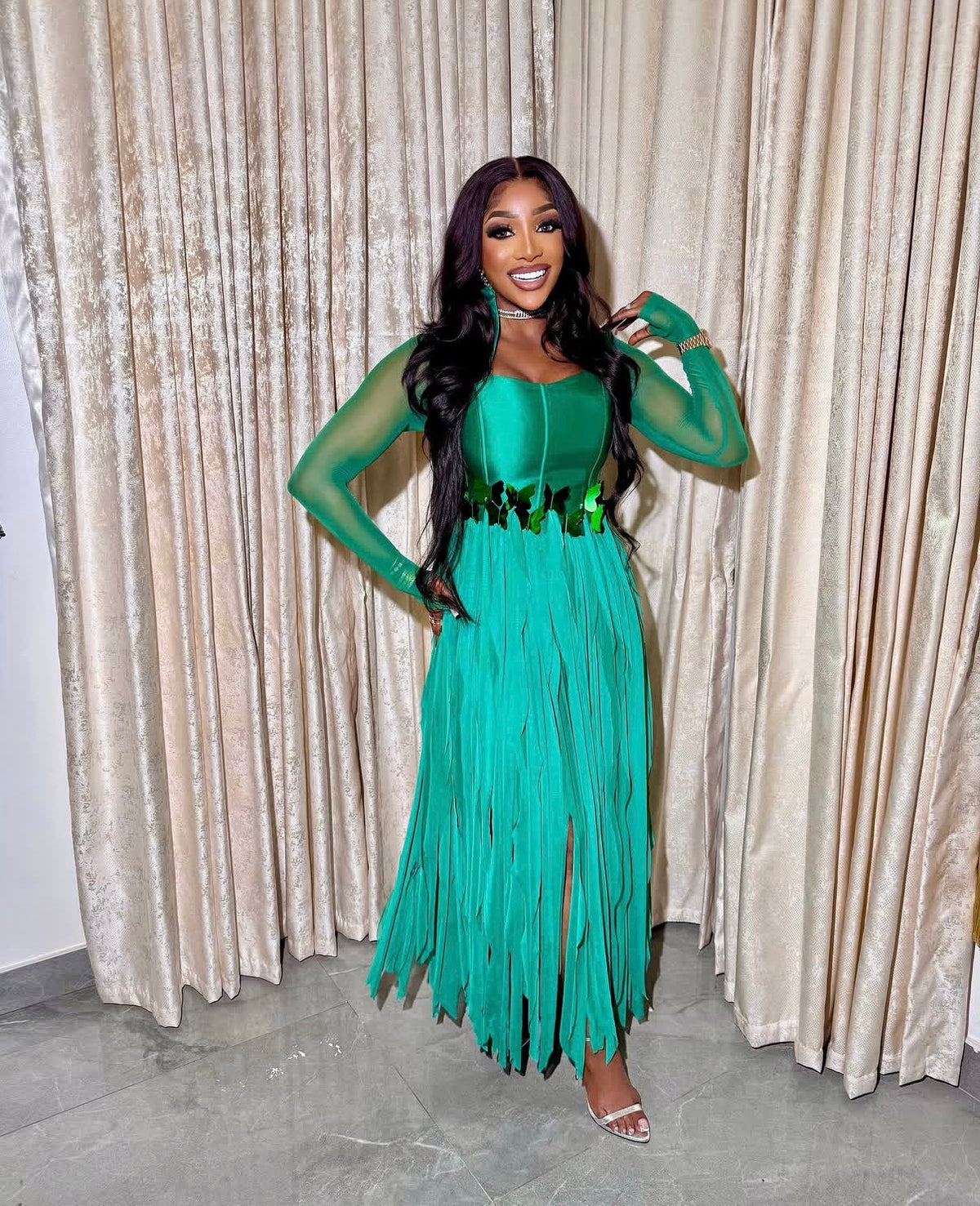 Green Corset Fringe Midi Dress