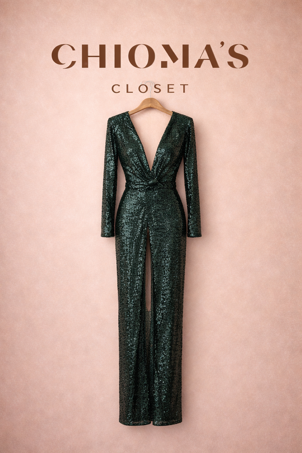 Green High Slit, Low V-neck Dress