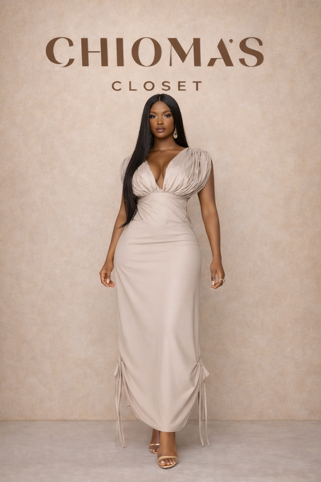 Nude Maxi Dress with Low V-neck
