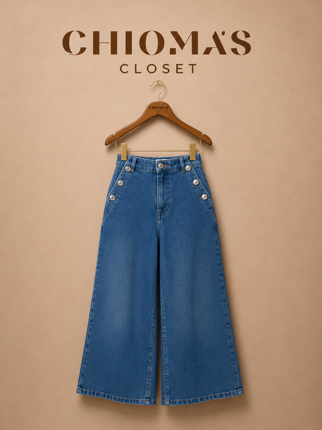 High-Waist Button-Detail Wide-Leg Denim Pants