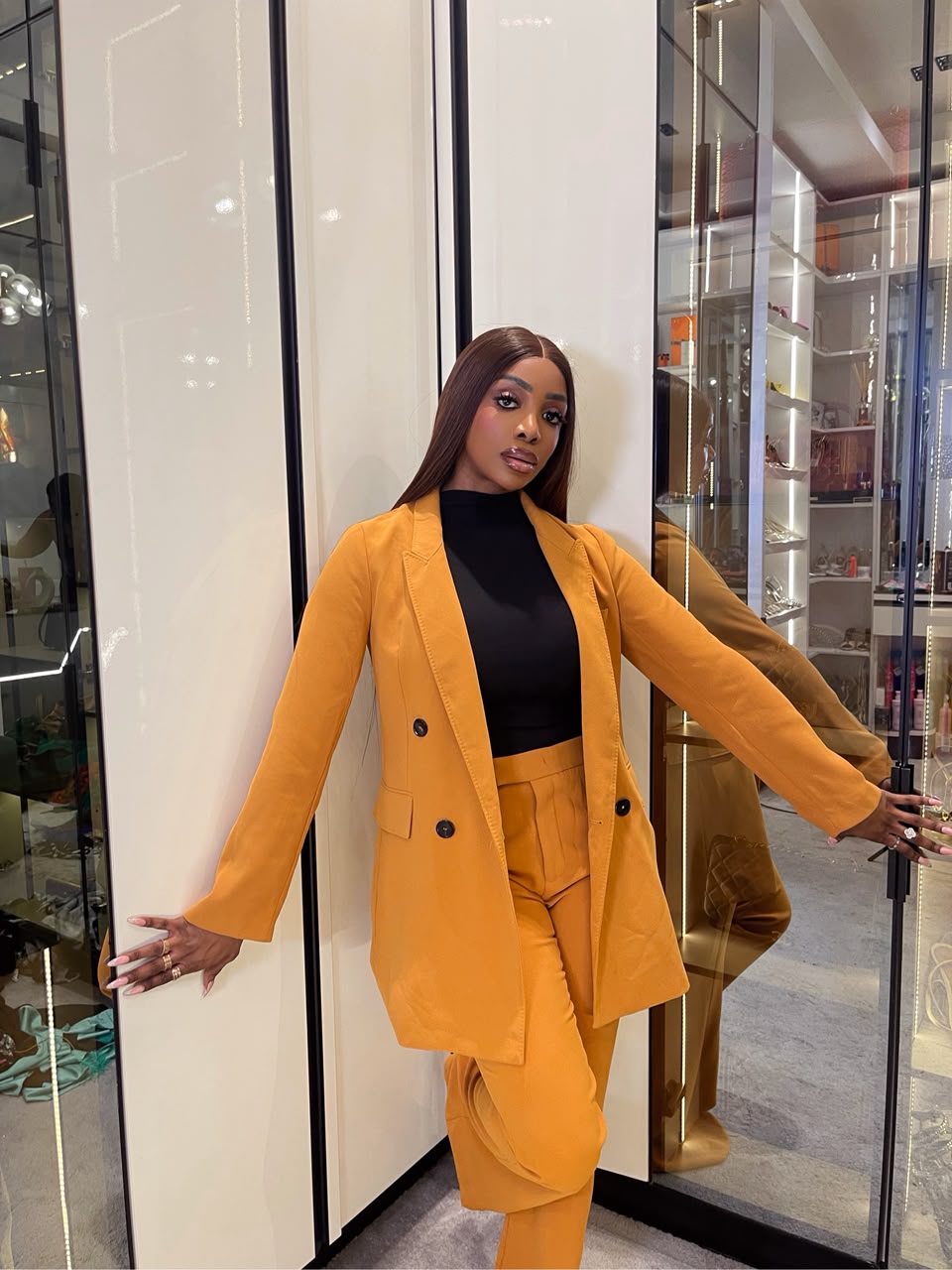 Mustard Set Blazer and Trouser with Black Buttons