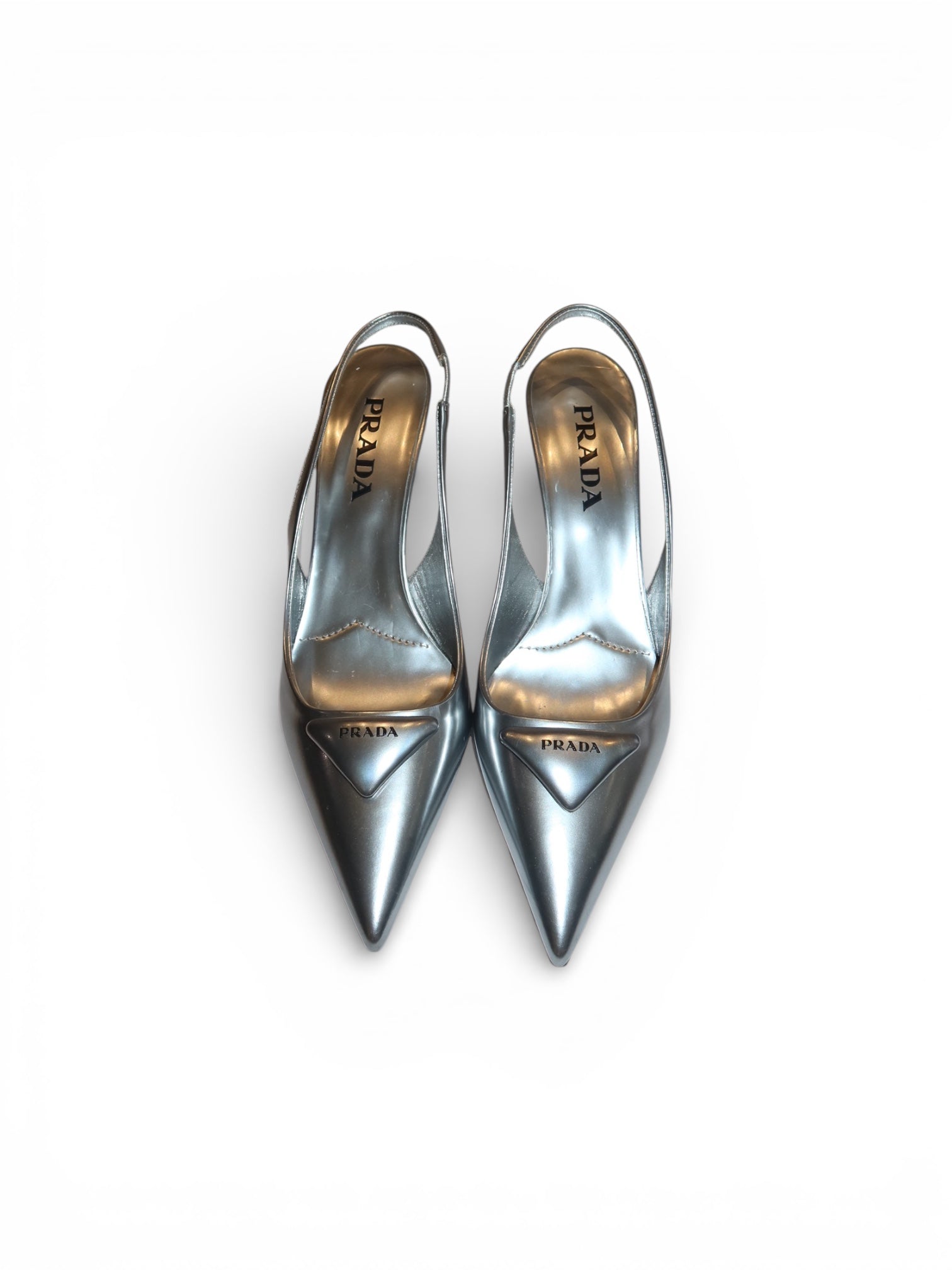 Prada- Triangle-Lo go Metallic Leather Slingback Pumps