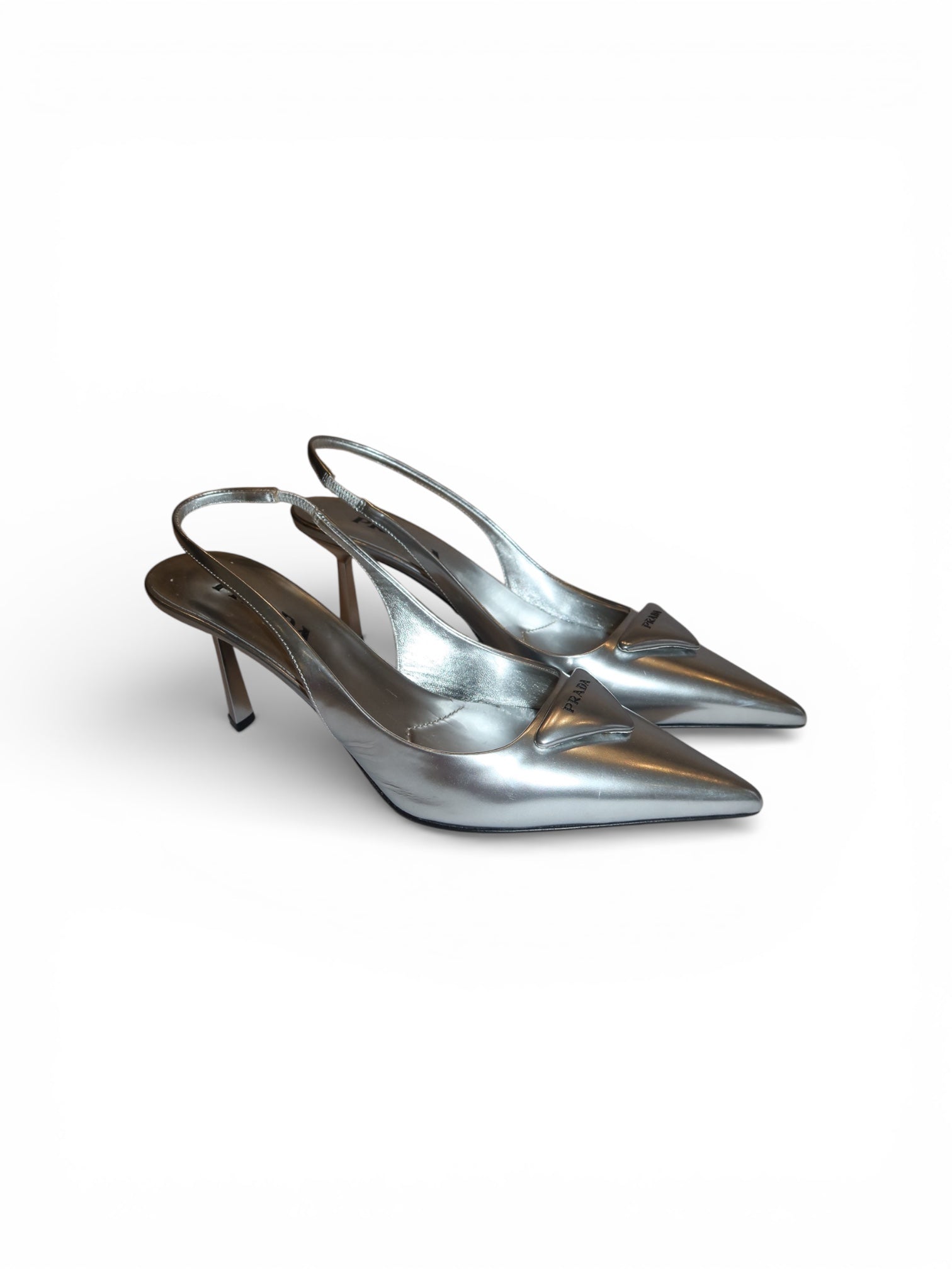 Prada- Triangle-Lo go Metallic Leather Slingback Pumps