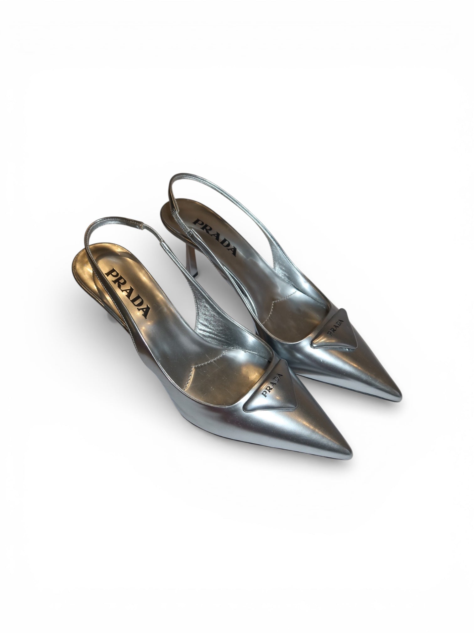Prada- Triangle-Lo go Metallic Leather Slingback Pumps