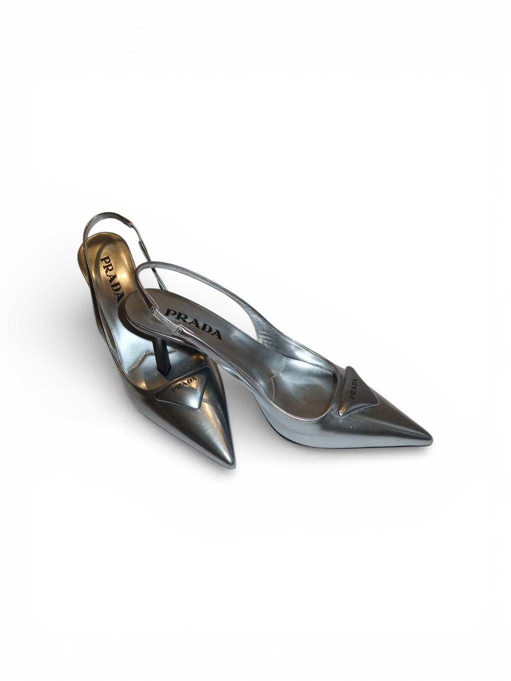 Prada- Triangle-Lo go Metallic Leather Slingback Pumps