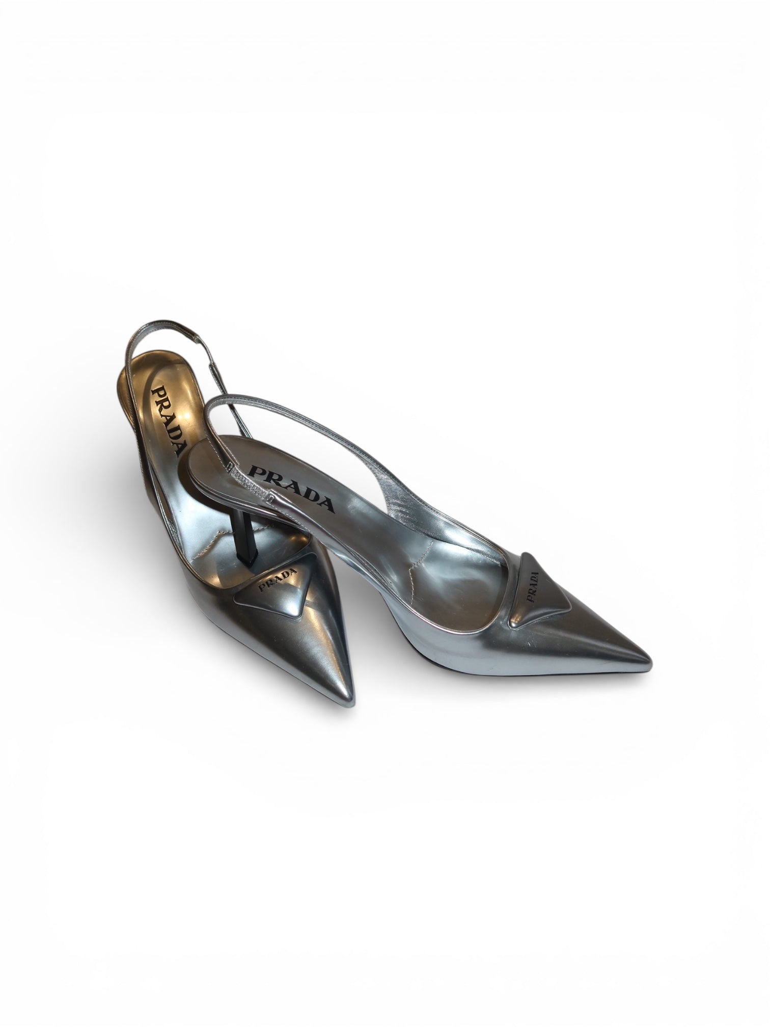Prada- Triangle-Lo go Metallic Leather Slingback Pumps