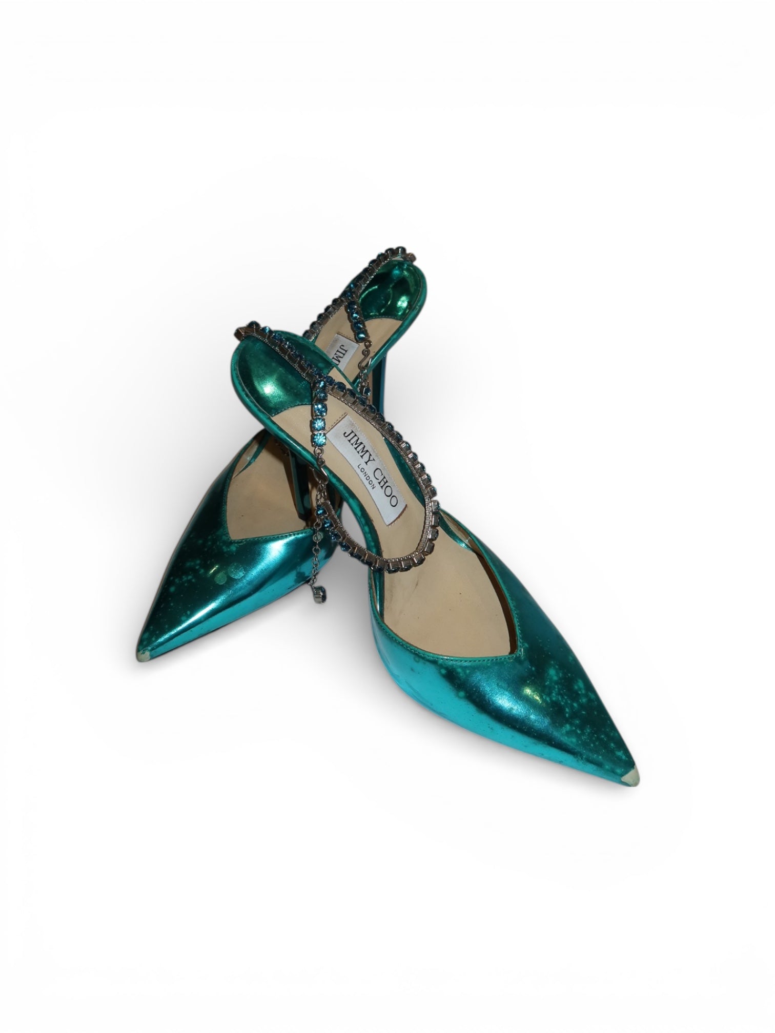 Jimmy Choo- Saeda 100 Metallic Leather Pumps with Crystal Anklet